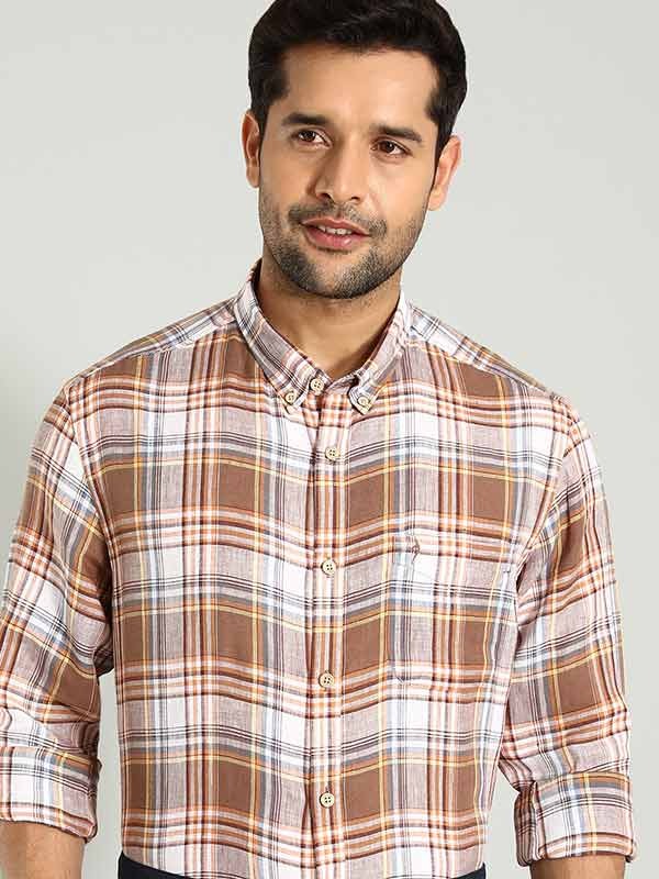 Indian Terrain Men's Regular Fit Full Sleeve Checkered Brown Shirt